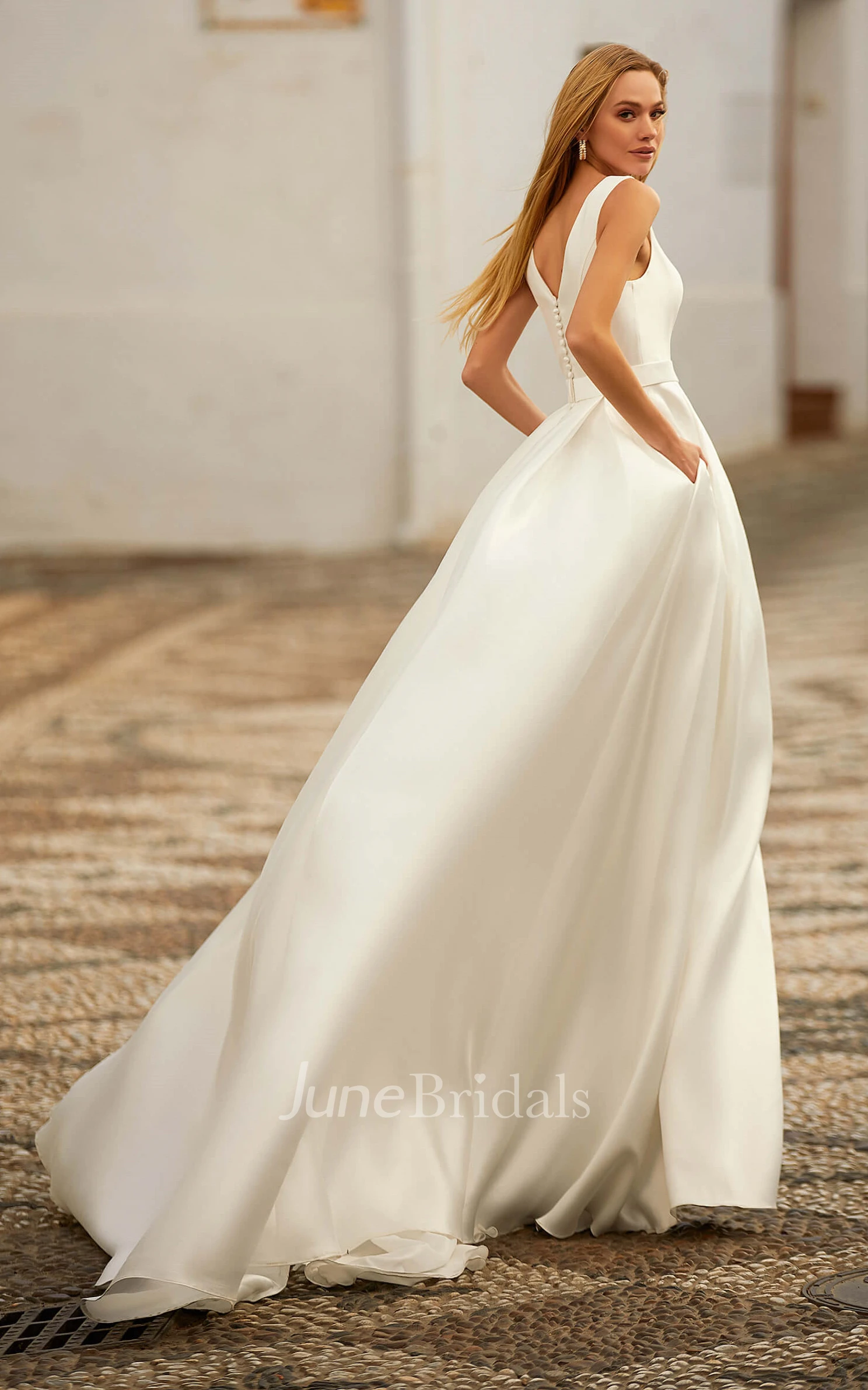 Modern A-Line Silk Wedding Dress with V-Back and Long Train