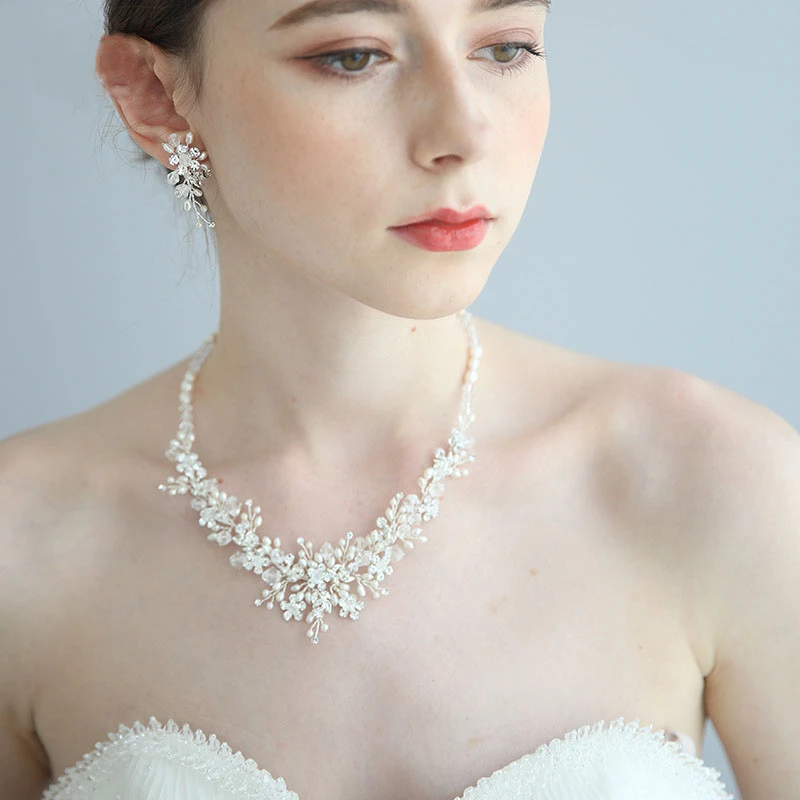 Elegant Silver Bridal Rhinestone Pearl Necklace and Earrings and Crown