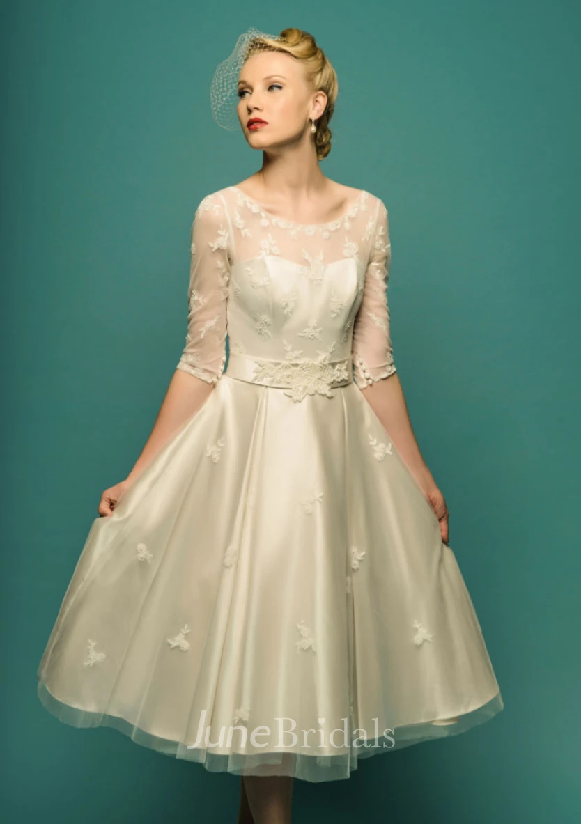 A-Line Tea-Length Illusion Sleeve Scoop Neck Appliqued Tulle Wedding Dress