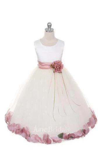 Satin Bust Pleated A-line Tulle Dress With Floating Petals and Organza Sash