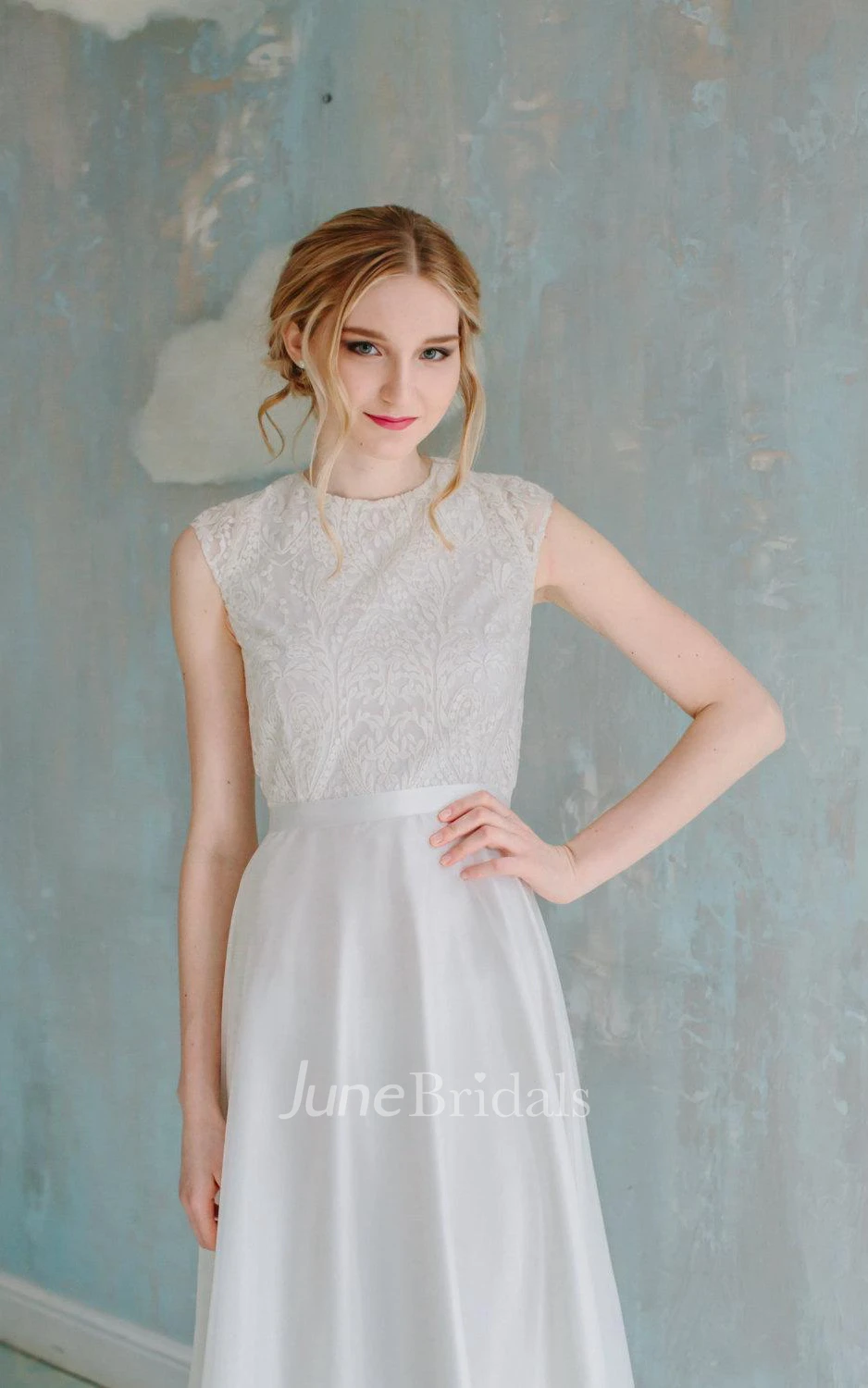 A-Line Floor-Length Chiffon Lace Satin Dress With Sash Ribbon Button