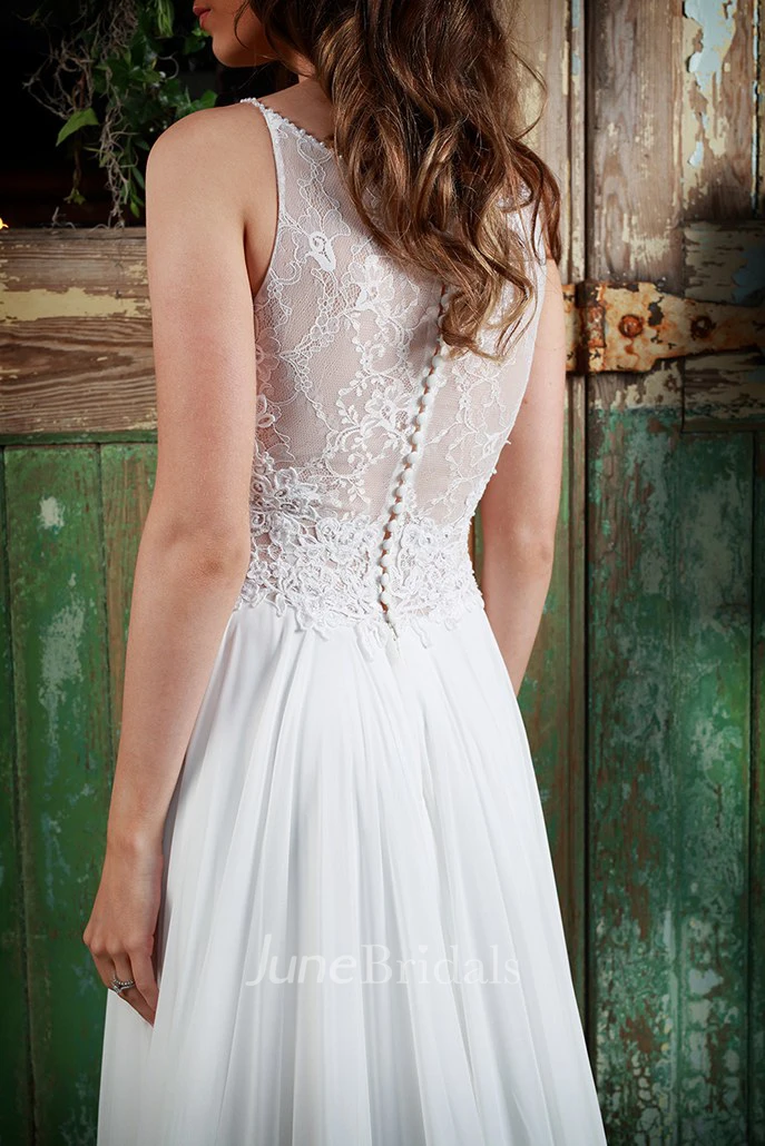 Pleated Spaghetti Long Chiffon Wedding Dress With Appliques And Illusion