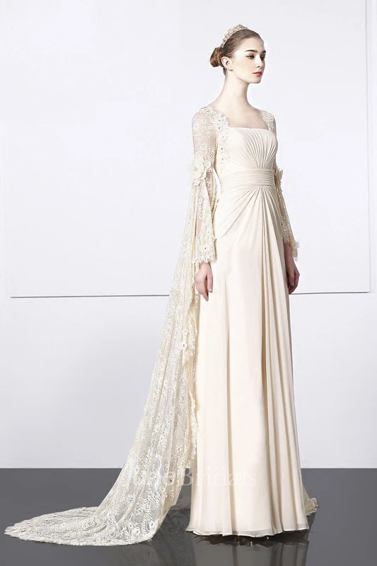 Square Sheath Lace Chiffon Unique Gown With Bat Sleeve And Train