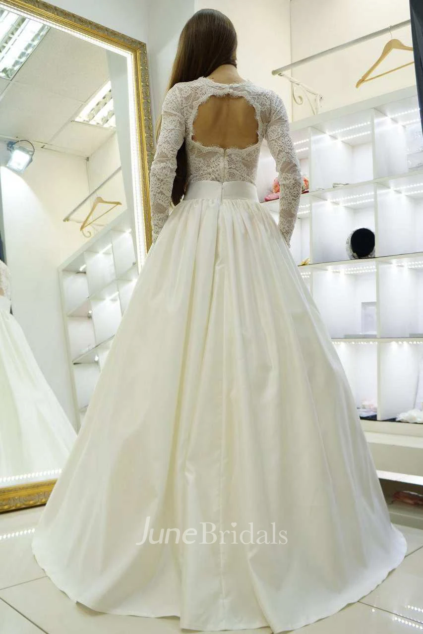 Bateau Lace Appliques A-Line Satin Wedding Dress With Keyhole Back
