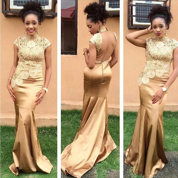 Hot Sale Golden High Neck Evening Dress Lace Appliques
