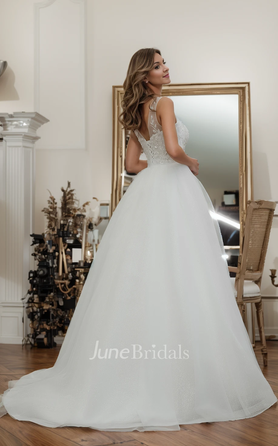 Ethereal Floral A-Line Boho Lace Appliques Ball Gown Winter Wedding Dress Sparkly Elegant Plunging Neckline Beading Sequins Glitter Tulle Floor Length Bridal Gown with Train