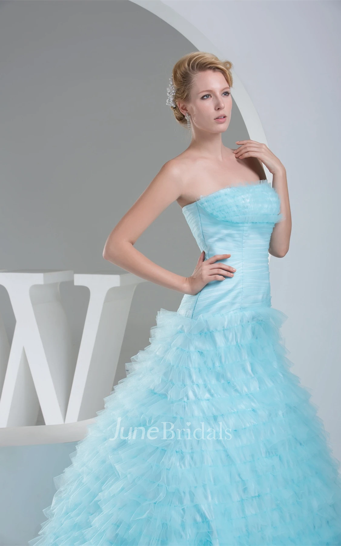 Strapless A-Line Ruffled Dress with Ruching and Tiers