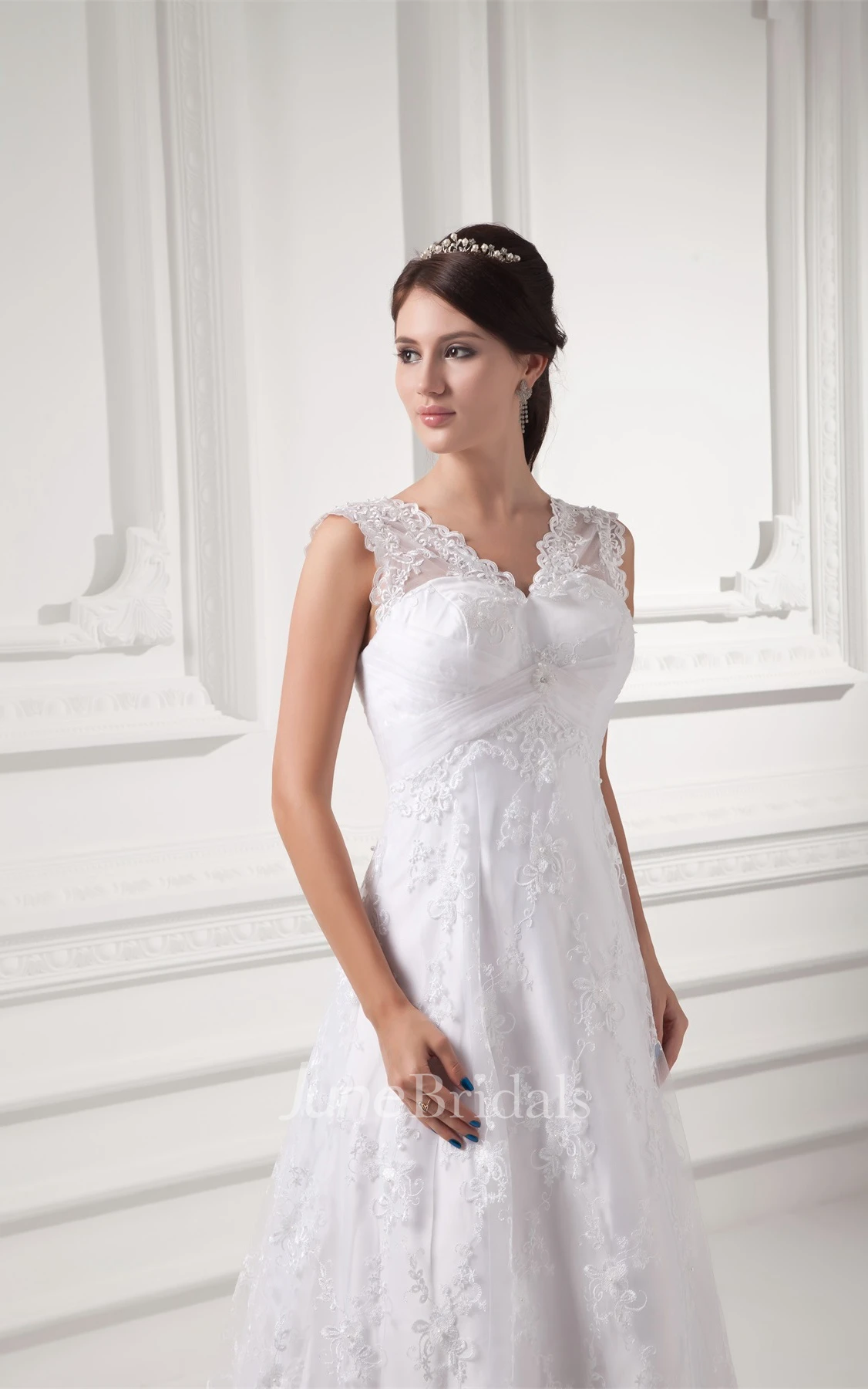 caped-sleeve lace a-line sleeveless gown with low-v back