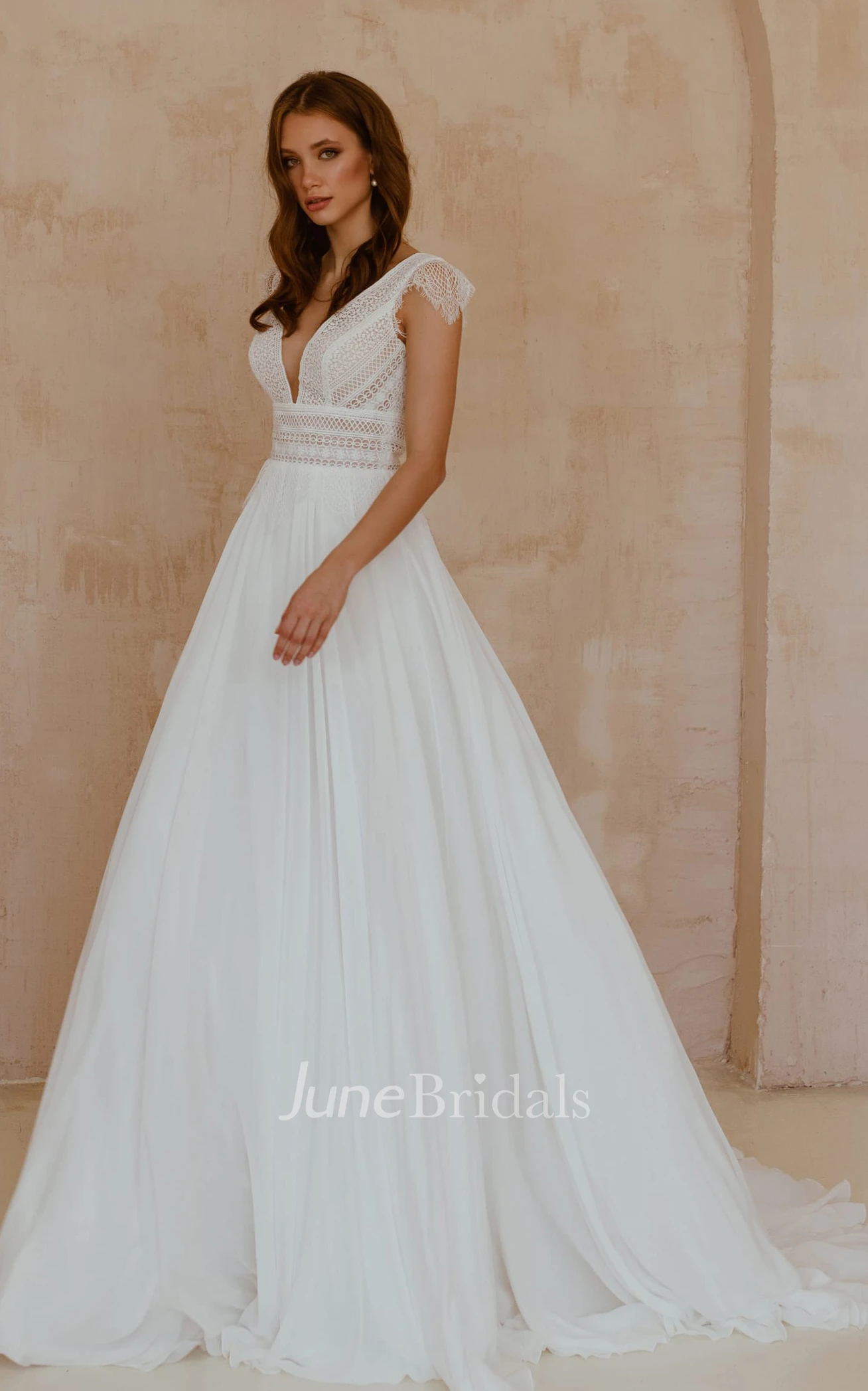 Bohemian Chiffon Lace V-neck A Line Short Sleeve Wedding Dress with Low-V Back