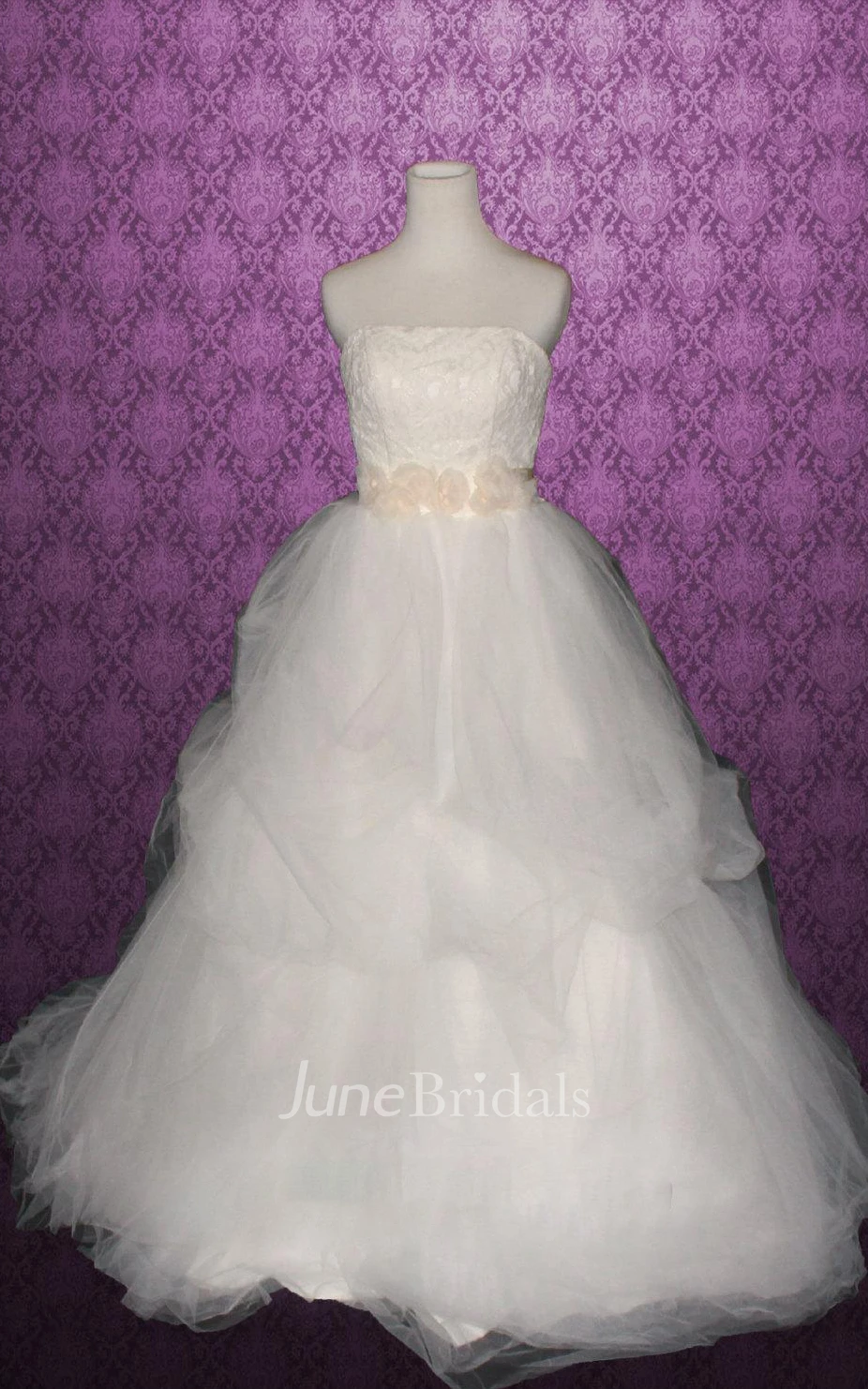 Strapless Backless Long Tulle Wedding Dress With Sash And Flower