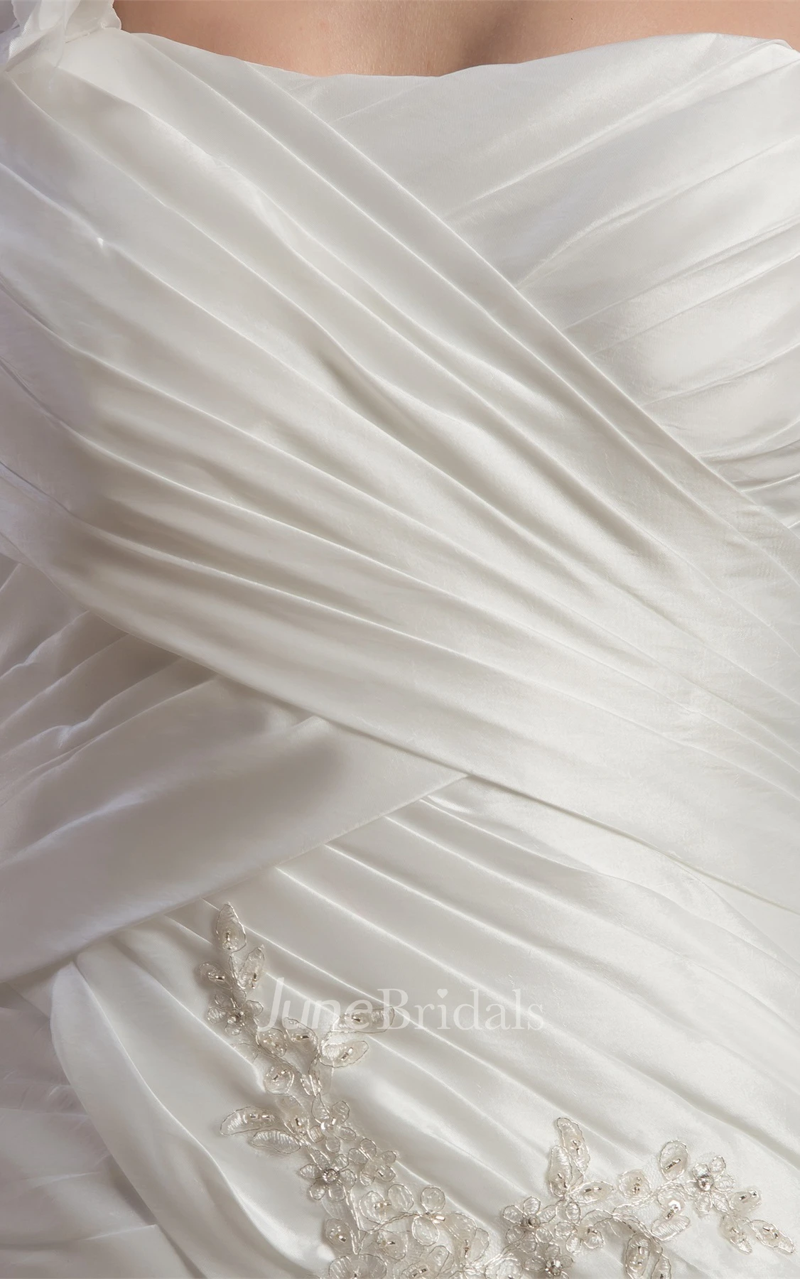 Sleeveless Ruched Pick-Up Gown with Appliques and Single Strap