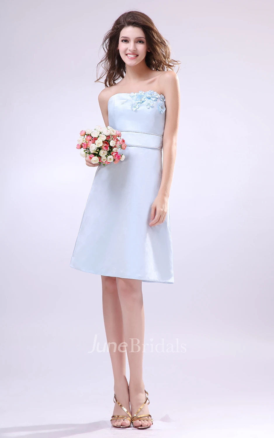 Strapless Dress Withwaistbanded Waist And Floral Embellishment