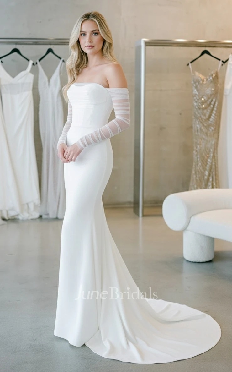 Simple Sexy Mermaid Off-the-shoulder Strapless Satin Spring Wedding Dress Elegant Solid Beach Floor-length Bridal Gown with Button Open Back Court Train