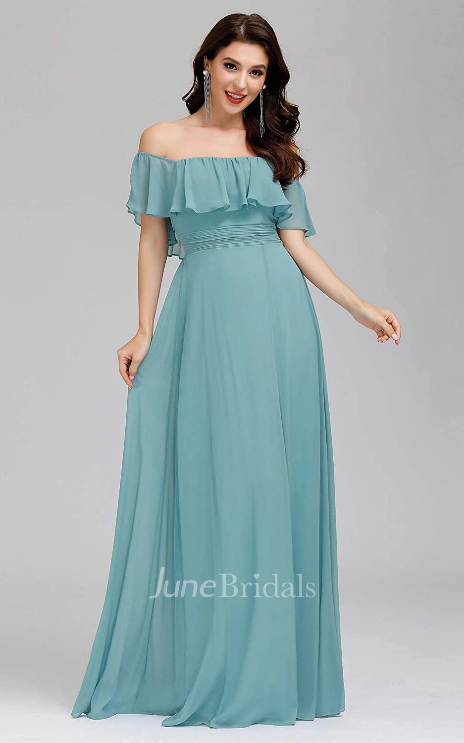 A Line Off-the-shoulder Chiffon Prom Dress With Ruffles and Split Front
