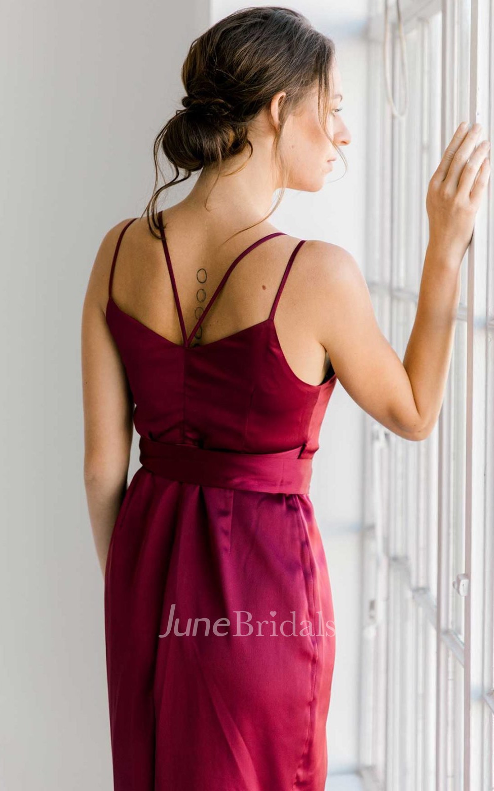 Informal Sexy Sheath Spaghetti Charmeuse Bridesmaid Dress With Open Back And Ruching June Bridals