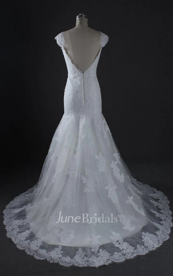 Mermaid Cap Sleeve Court Train Tulle Lace Satin Dress