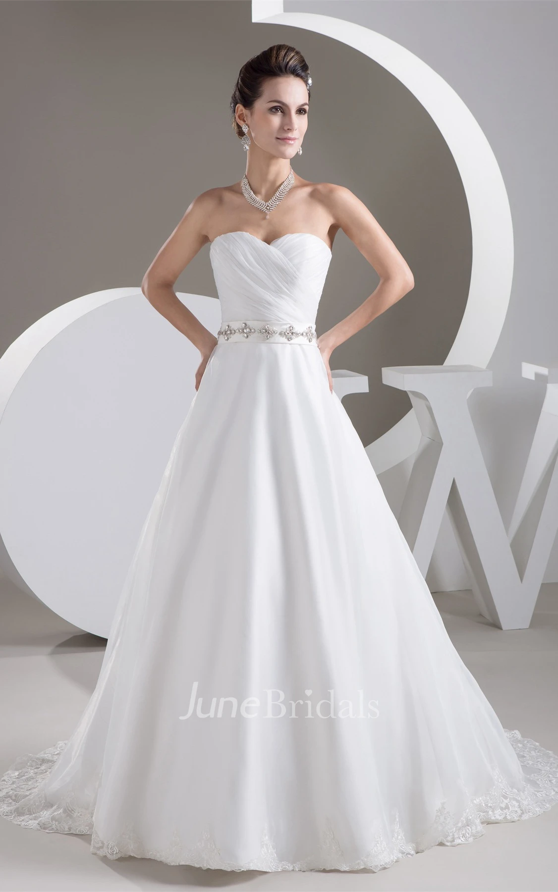 Sweetheart Criss-Cross A-Line Gown with Appliques and Gemmed Waist