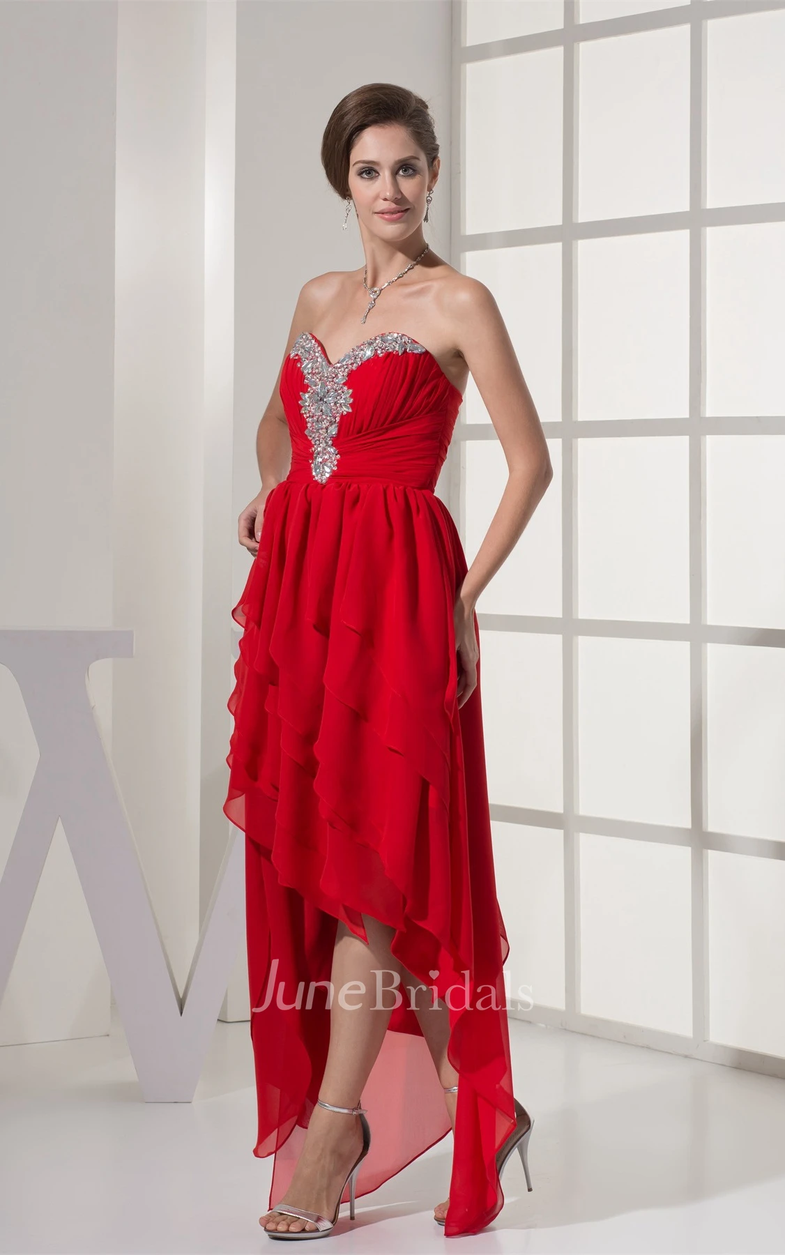 Sweetheart Beaded High-Low Dress with Ruffles and Rhinestone
