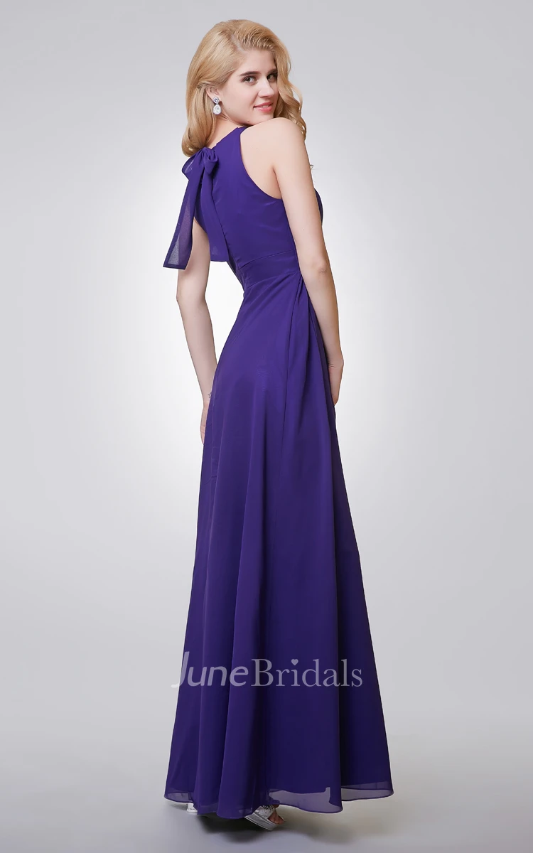Halter A-line Long Chiffon Dress With Key-hole