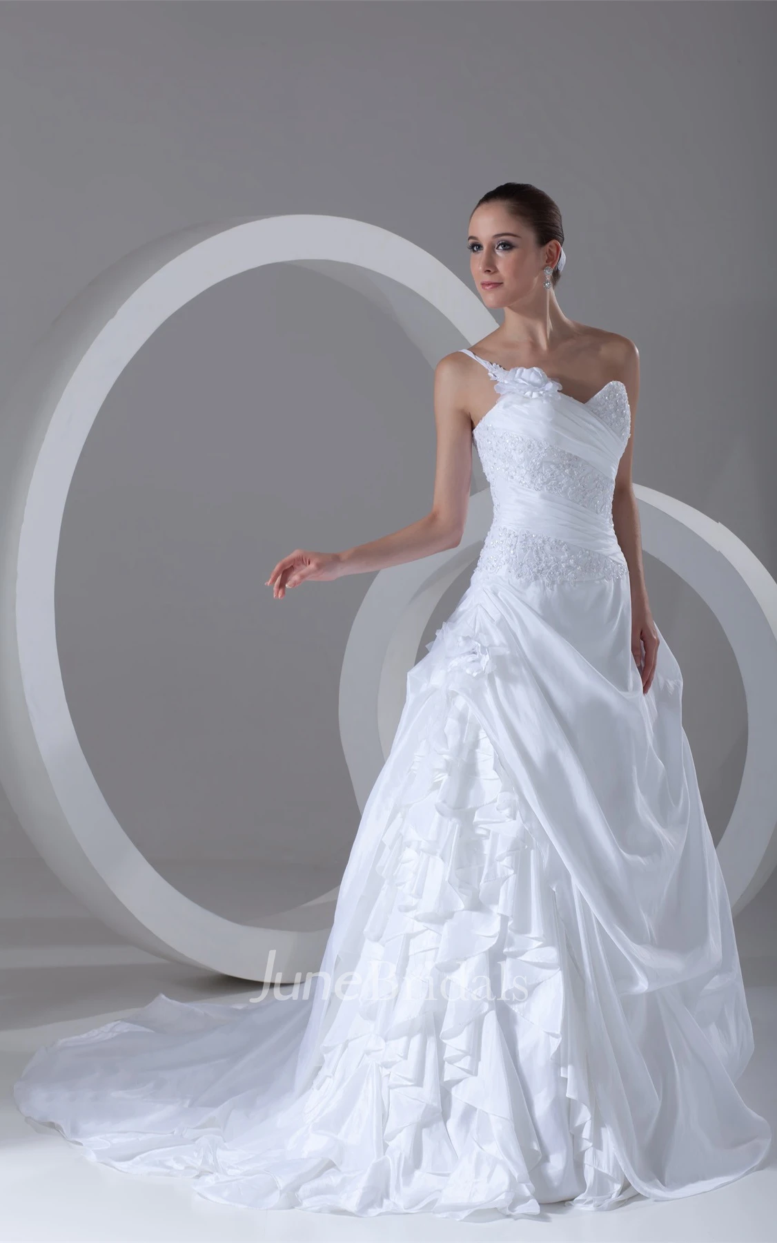 Spaghetti-Strap Pick-Up A-Line Ball Gown with Beading and Ruffles