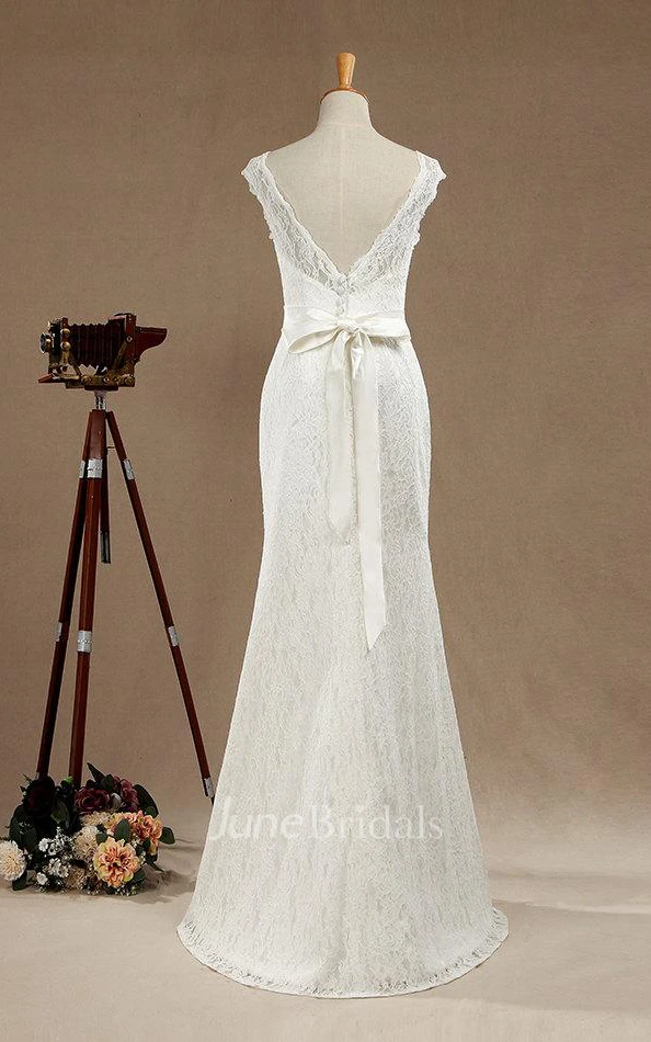 Scoop Neck Cap Sleeve Lace Mermaid Wedding Dress With Satin Sash