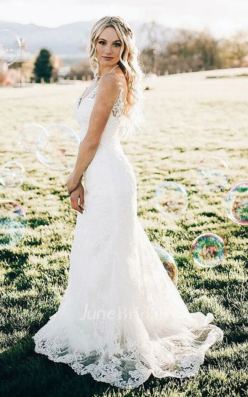 Mermaid Sheath V-neck Lace Floor-length Brush Train Sleeveless Wedding Dress