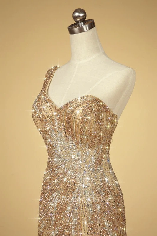 One Shoulder Open Back Luxury Tulle Mermaid Gown With Beading And Appliques