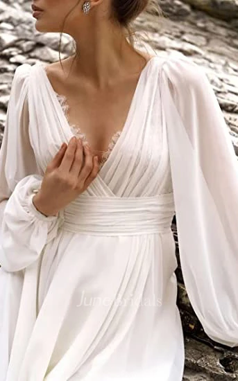 A-Line V-neck Chiffon Winter Wedding Dress Simple Sexy Bohemian Romantic Beach Garden With Open Back And Poet Long Sleeves 