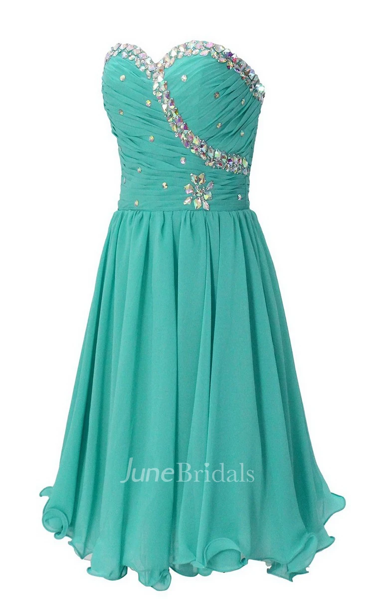 Strapless Sweetheart Ruffled Short Dress With Rhinestones
