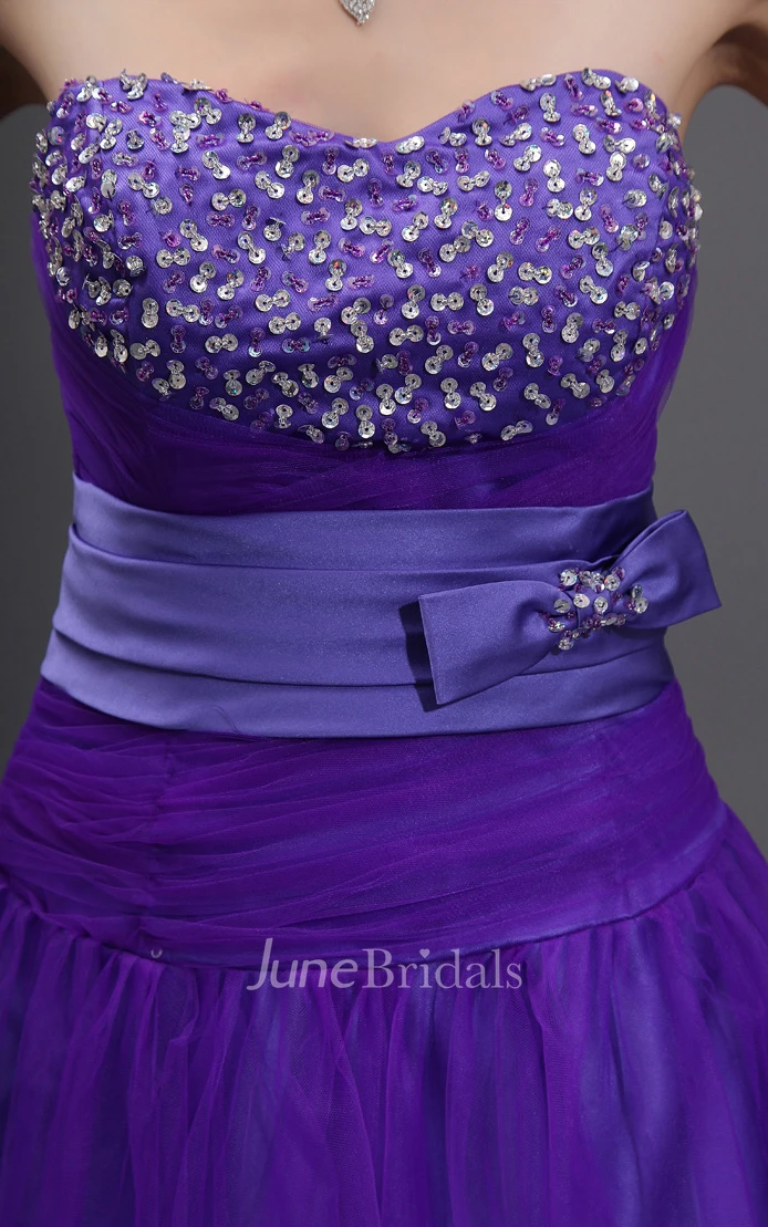 Shining Beaded Sweetheart Sleeveless Dress With Bow Andwaistbanded Waist