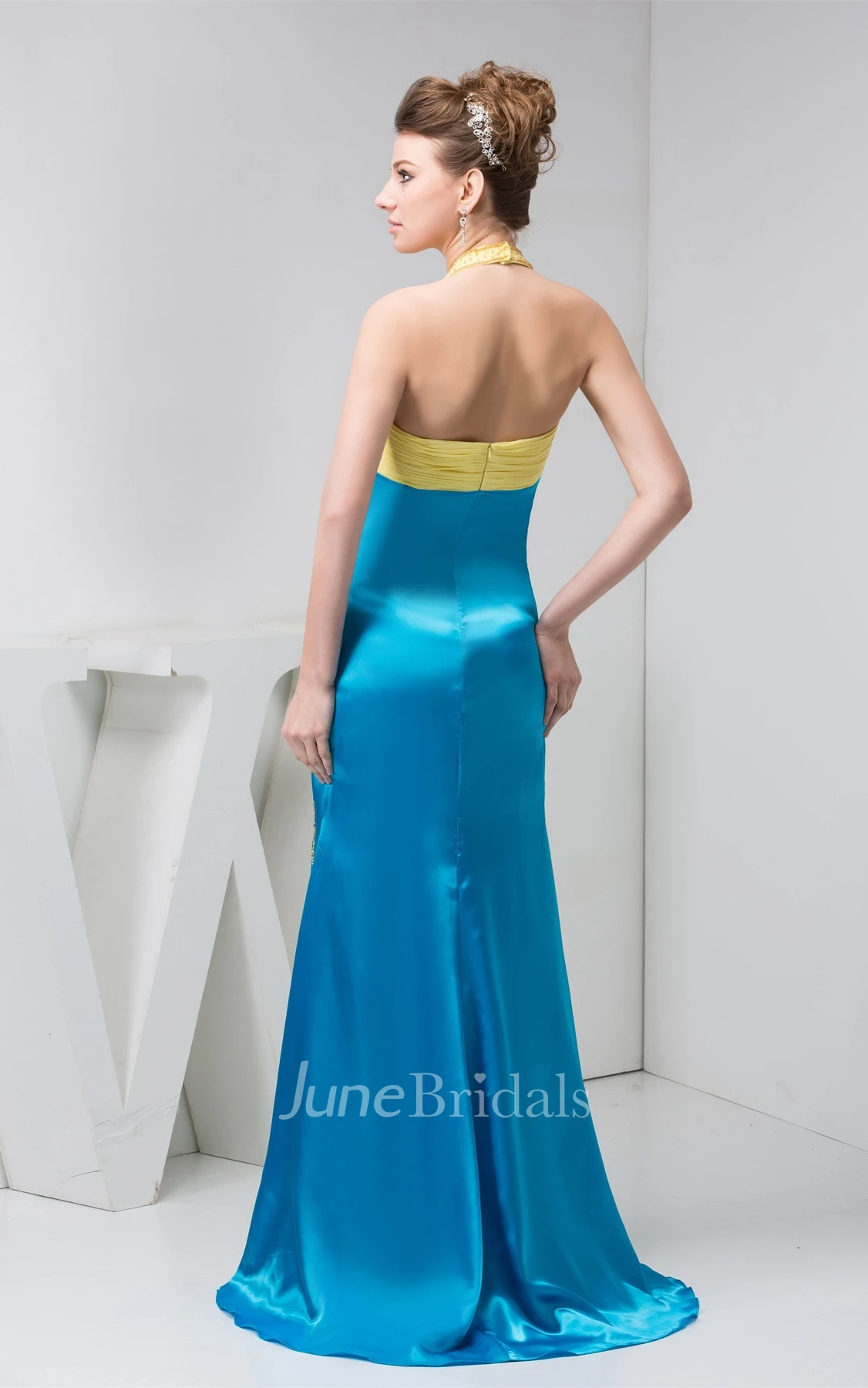 Two-Tone Haltered Sheath Dress with Broach and Stress