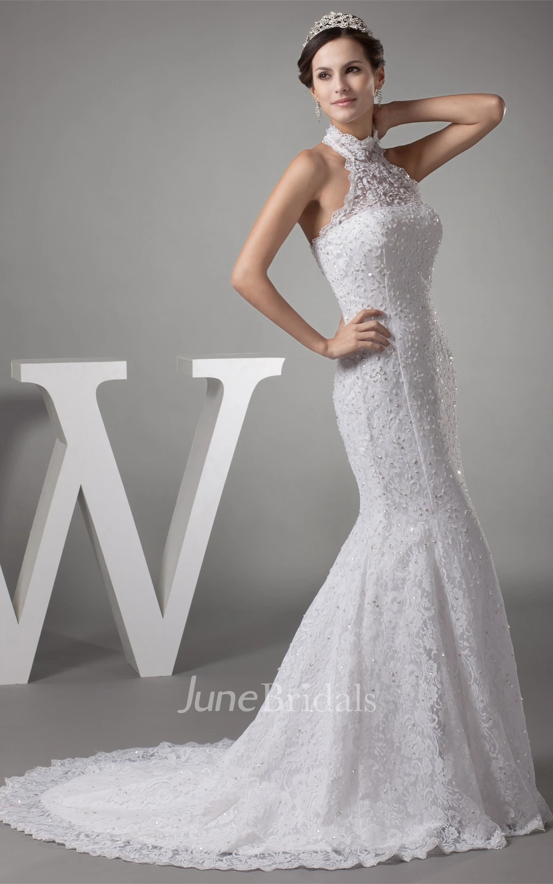 Graceful High-Neck Backless A-Line Dress with Beading and Appliques