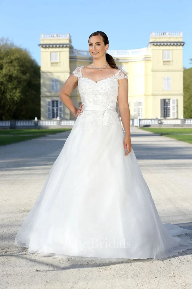 A-Line Long V-Neck Cap Satin Bow Appliques Brush Train Illusion Appliques Dress