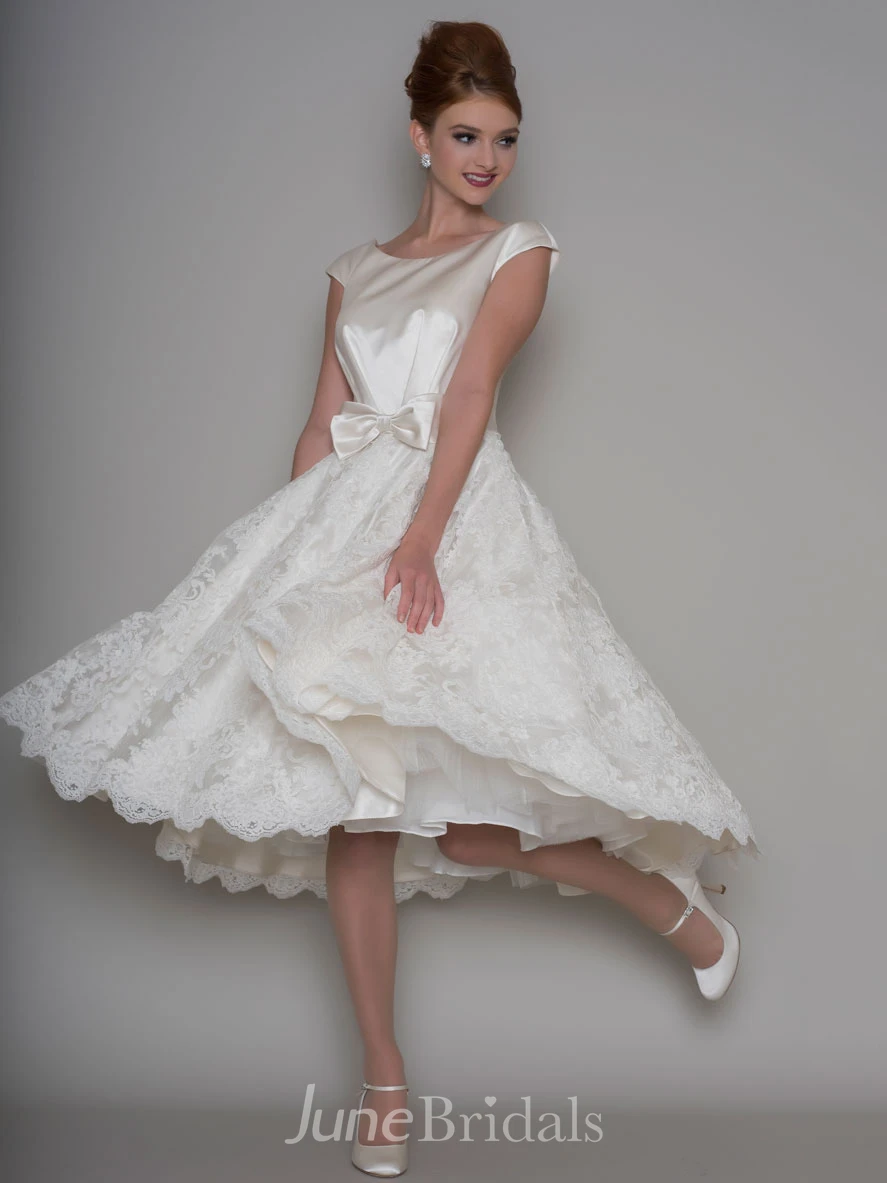 A-Line Tea-Length Appliqued Cap Sleeve Scoop Neck Satin Wedding Dress