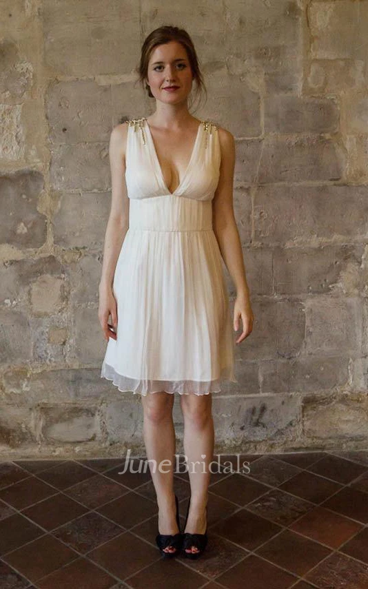 V-Neck Sleeveless Chiffon Wedding Dress With Beading And Low-V Back