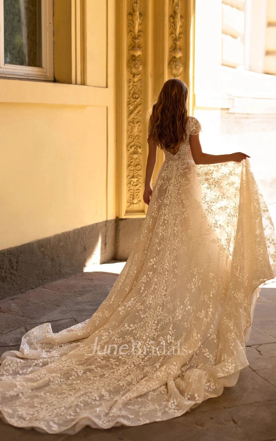 Romantic A-Line Plunging Neckline Lace Spring Wedding Dress With Zipper Back And Appliques