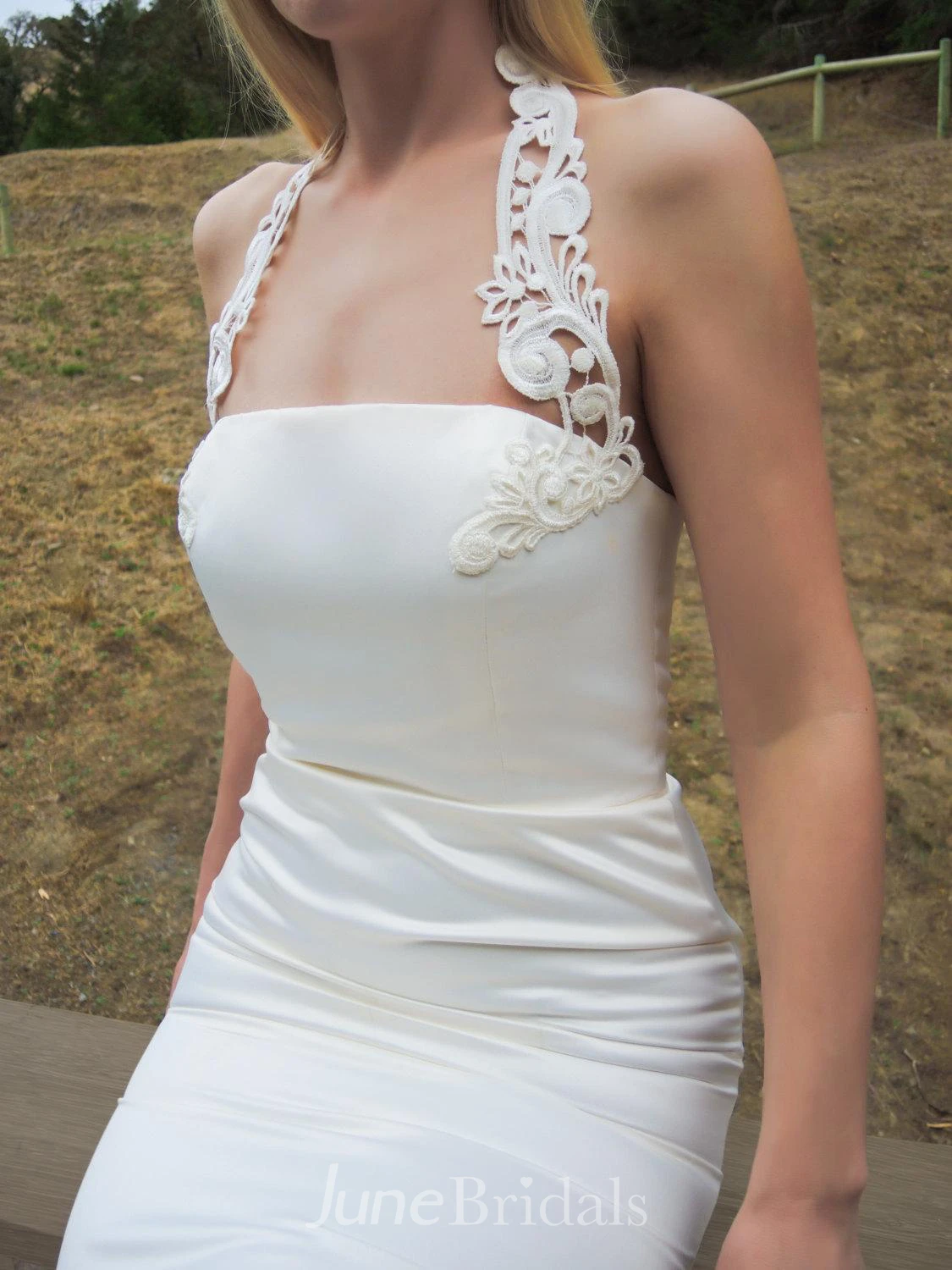 Halter Neck Satin Mermaid Wedding Dress With Embridering