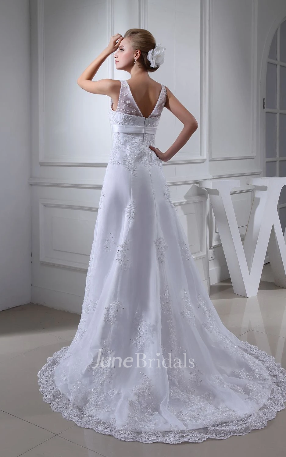 Strapped Lace Sheath Floor-Length Dress With Flower and V-Back Design