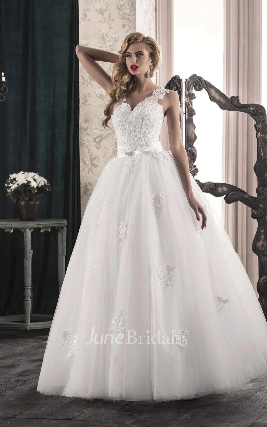 A-Line Tulle Lace Satin Dress With Bow Split Front Split
