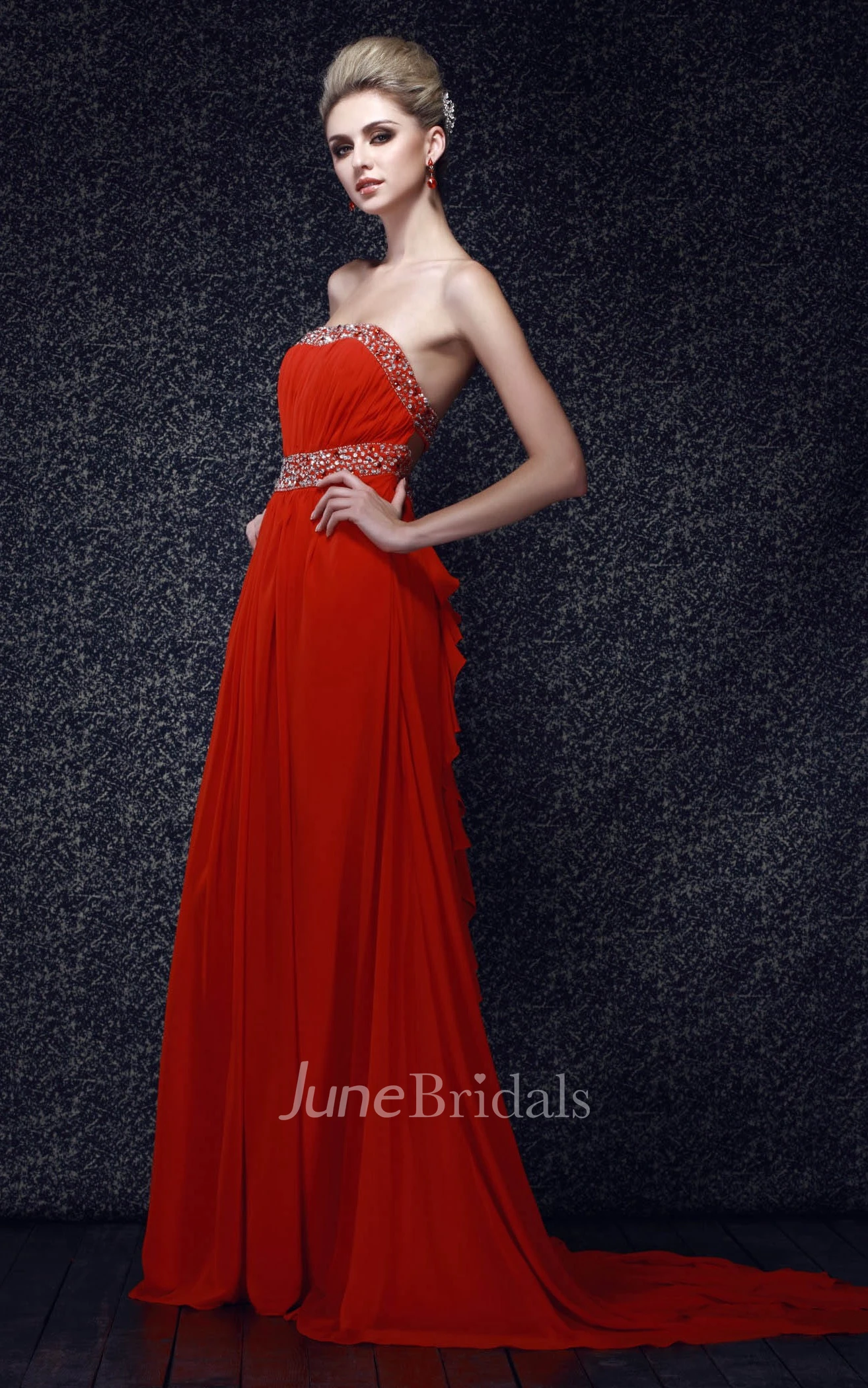 Flamboyant Strapless Chiffon Maxi Dress With Pleats and Beading