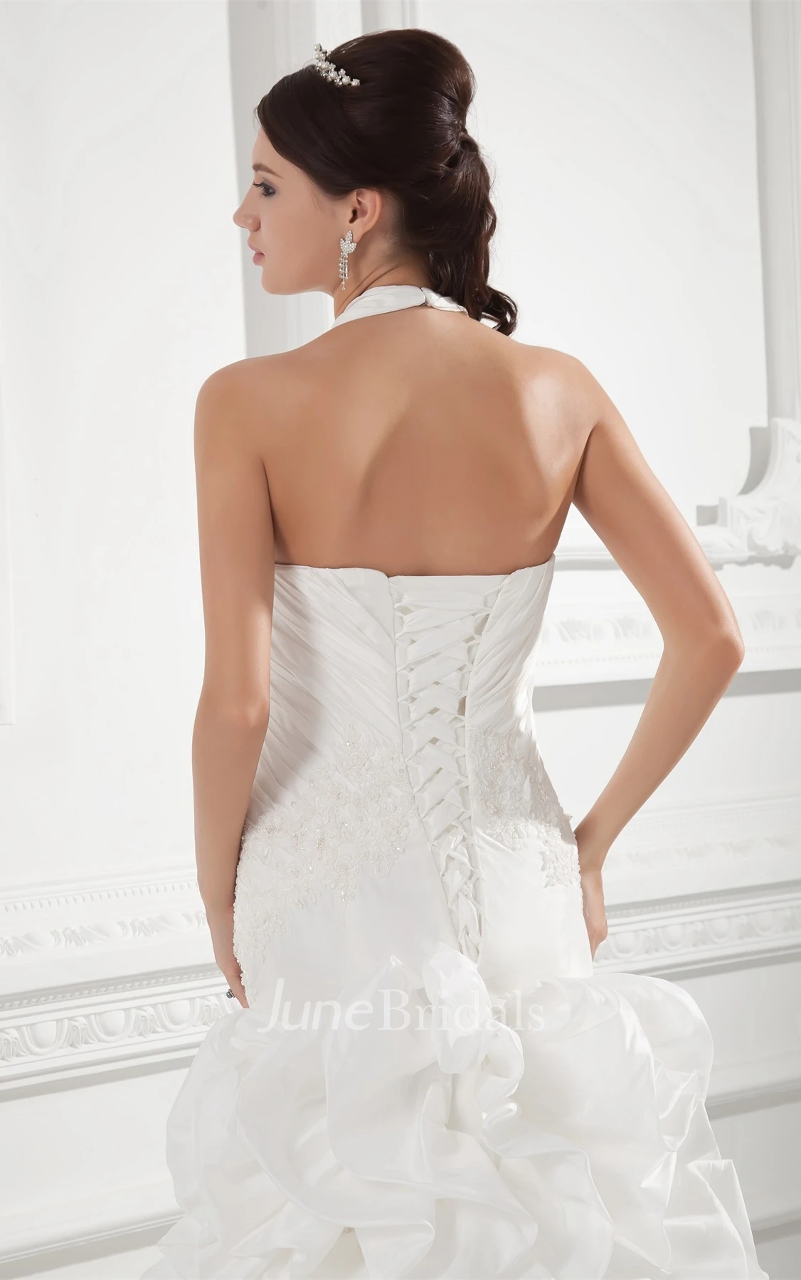 haltered a-line sleeveless gown with appliques and ruching