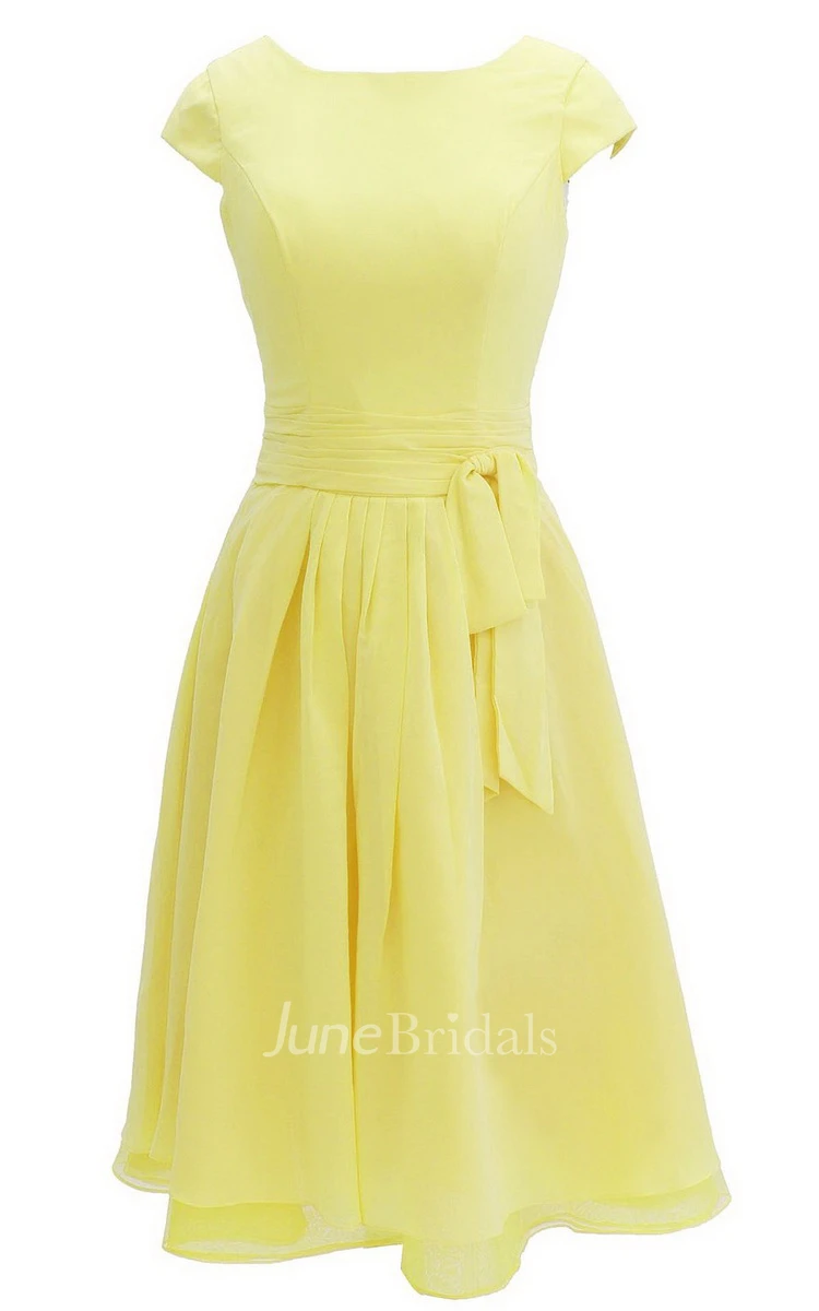 Pure Cap-sleeve Bateau Neck A-line Gown With Sash