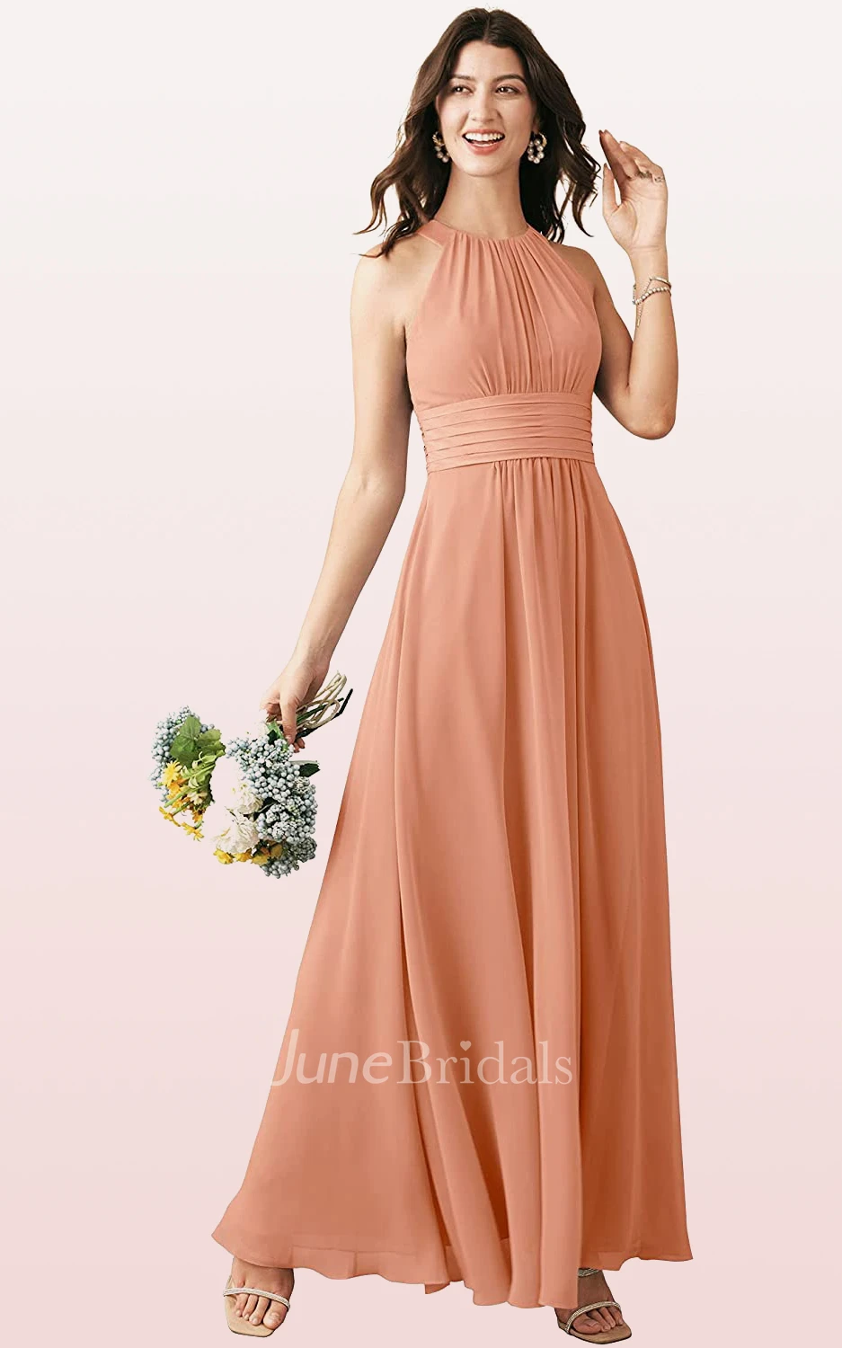 Ethereal A Line Halter Chiffon Sleeveless Bridesmaid Dress