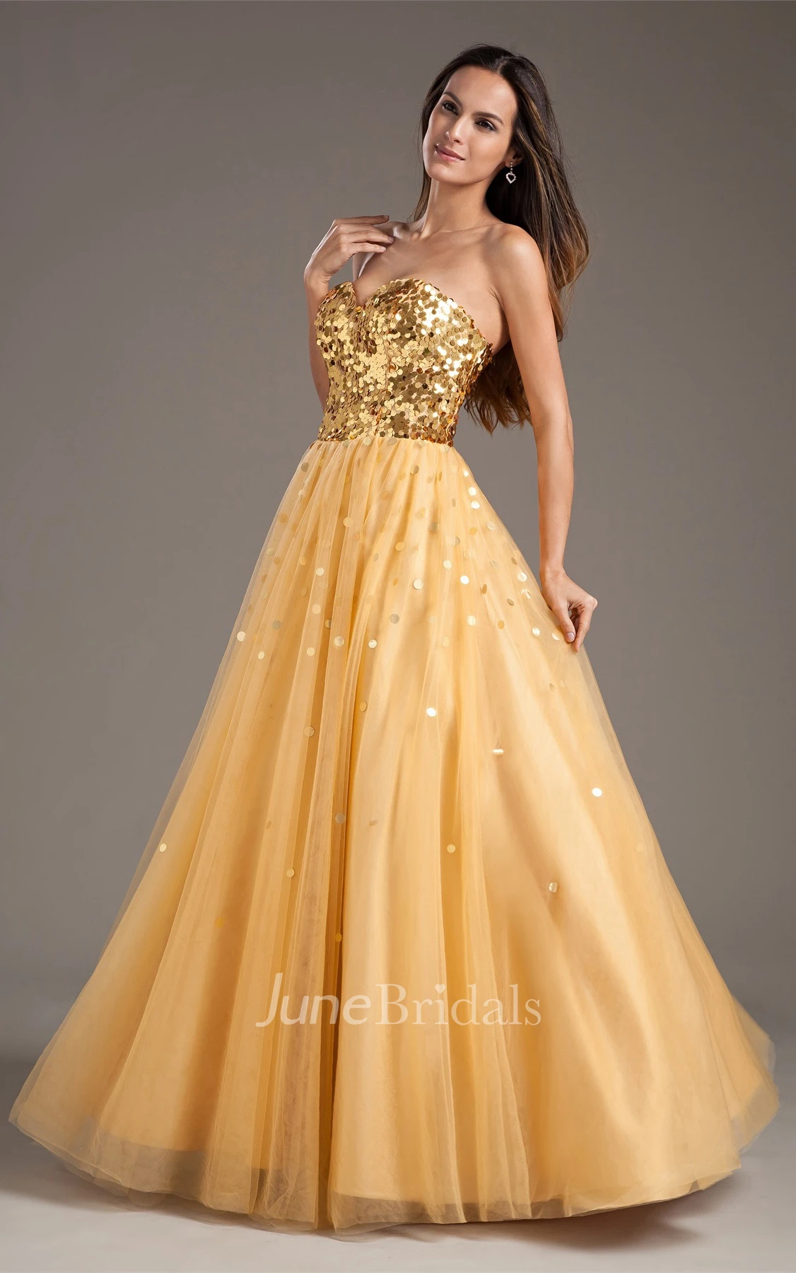 sweetheart ball a-line gown with pleats and sequined top