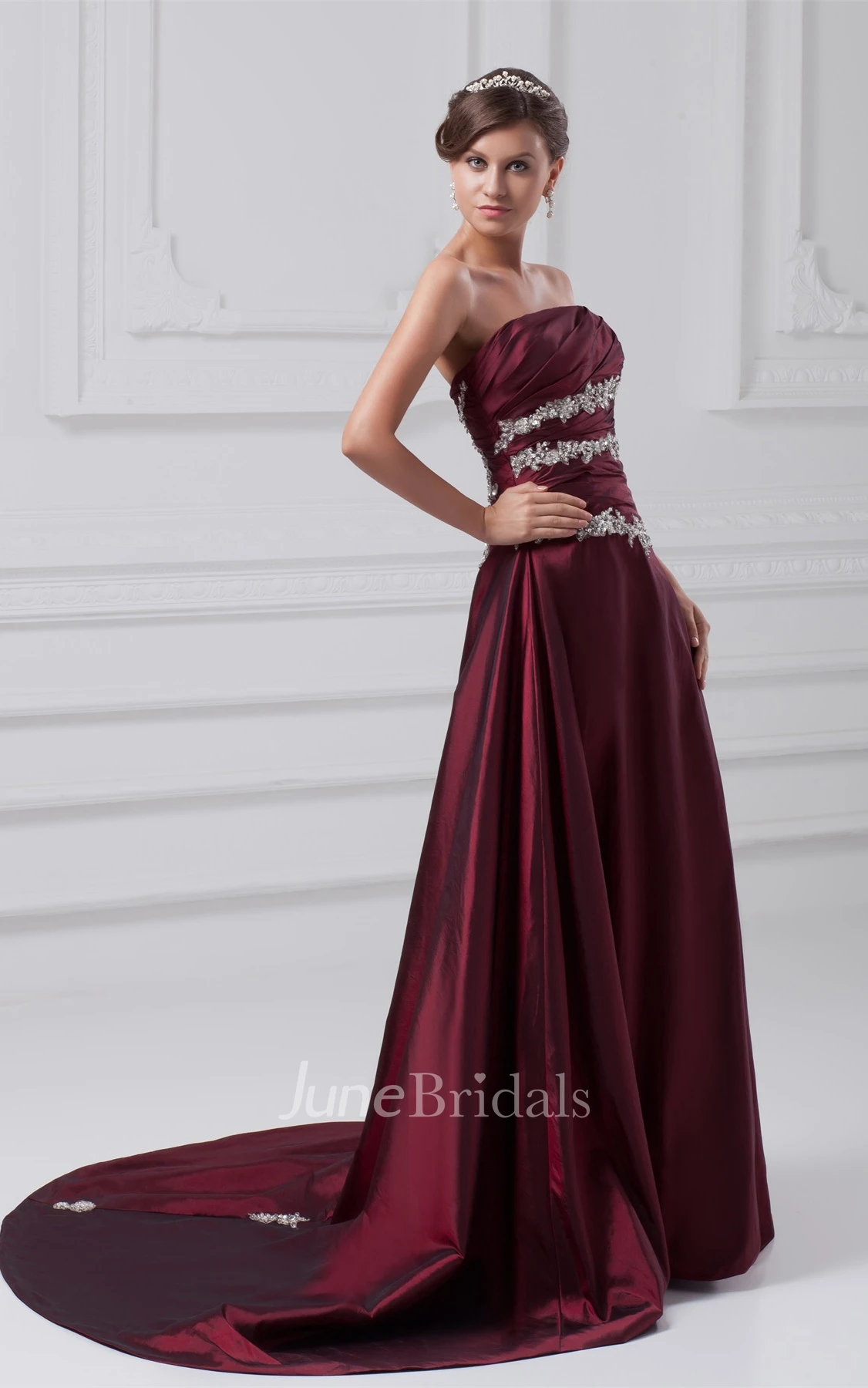 Strapless A-Line Appliqued Gown with Ruched Bodice