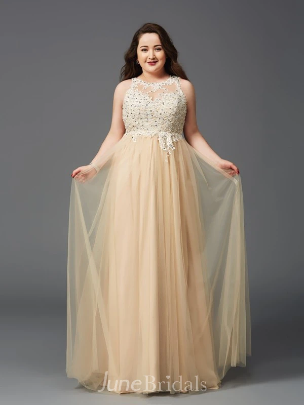 A-line Floor-length Scoop Sleeveless Tulle Appliques Pleats Illusion Dress
