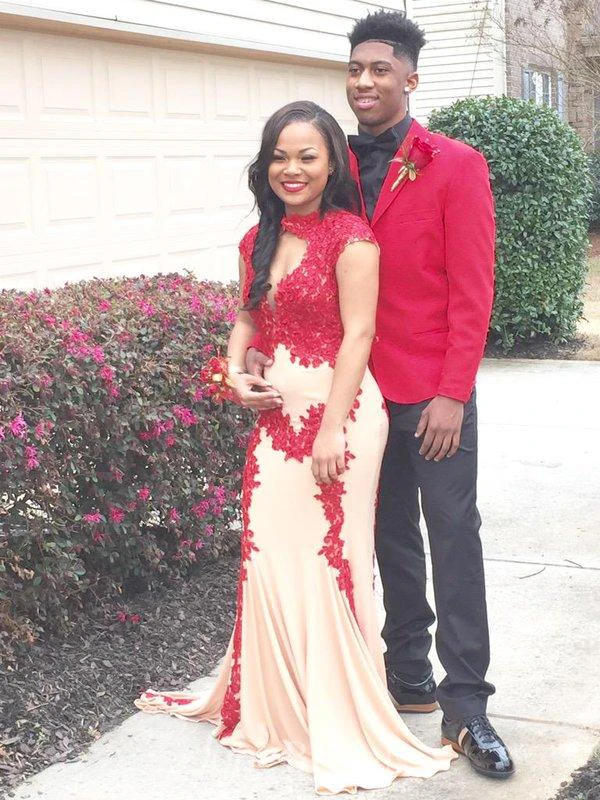 Elegant Cap Sleeves Red Lace Prom Dresses Long Mermaid Party Gowns