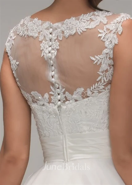 A-Line Tea-Length Scoop-Neck Sleeveless Organza Wedding Dress With Appliques And Keyhole