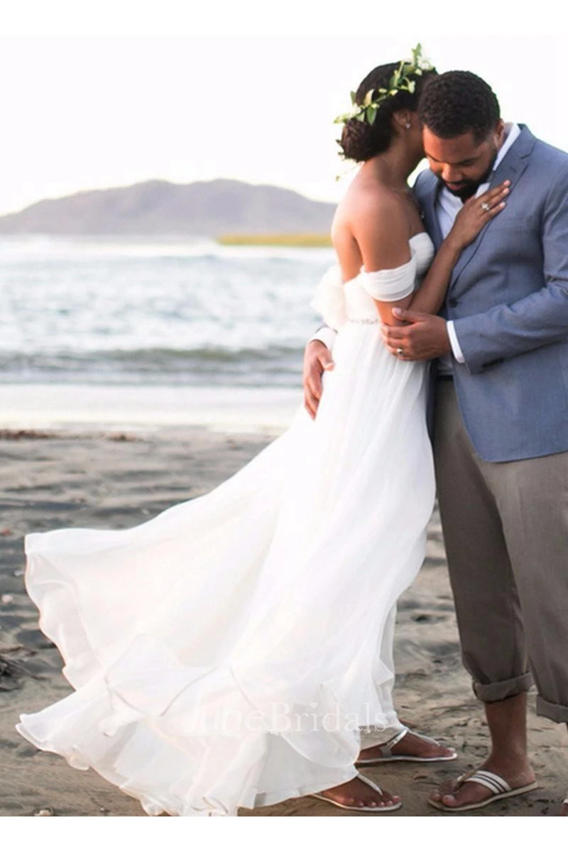 Newest White Off-the-shoulder Chiffon Wedding Dress With Beadings