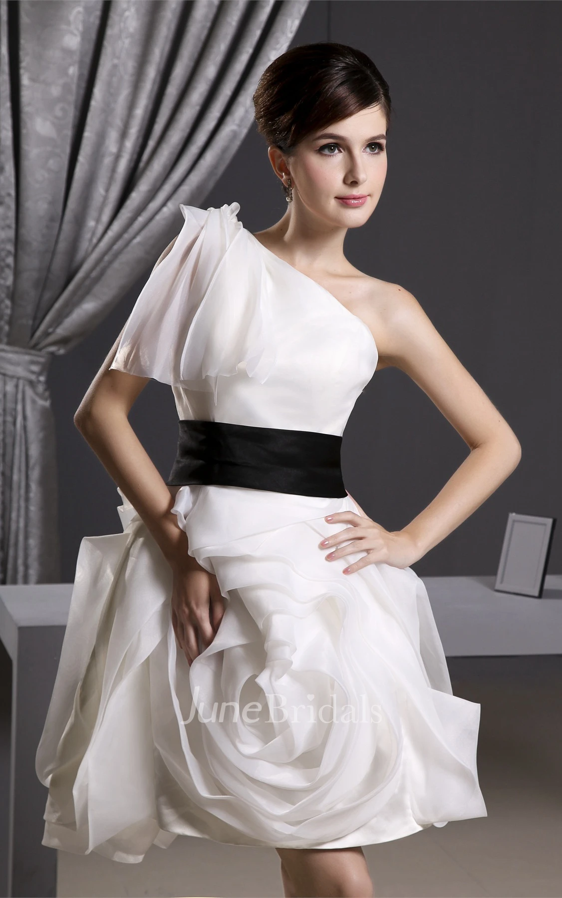 One-Shoulder A-Line Mini Dress with Floral Skirt